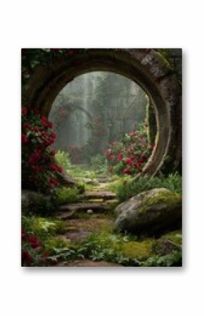 Mysterious Garden With Stone Archway Surrounded by Blooming Roses and Misty Atmosphere.