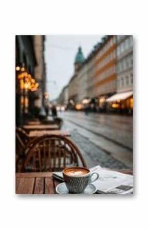 Warm Cup of Coffee on a Rainy Day at an Outdoor Cafe in the City Center.