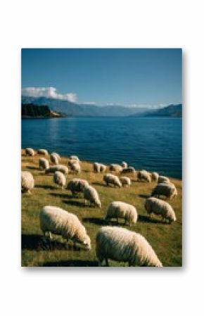 Grazing Sheep Along a Peaceful Lake in the Mountains on a Clear Day.