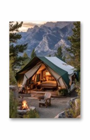 Cozy Tent Setup With Fire Pit Amid Mountains During Sunset in Nature