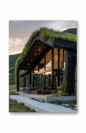 Modern Black Cabin With Green Roof in Mountainous Landscape at Dusk