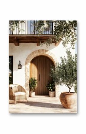 Rustic Doorway Entrance With Olive Tree and Seating in Tranquil Outdoor Setting.