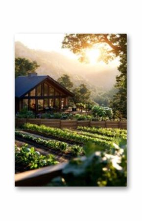 Serene Countryside House Surrounded by Lush Gardens at Sunset