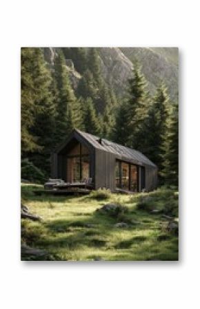 Modern Cabin Nestled Among Towering Trees in a Serene Mountainous Landscape During Golden Hour