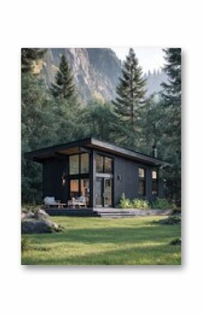 Modern Cabin Nestled Among Towering Trees in a Serene Mountainous Landscape During Golden Hour.