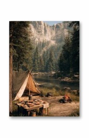 Camping Near a Serene Lake Surrounded by Mountains and Tall Trees in the Early Afternoon Light.