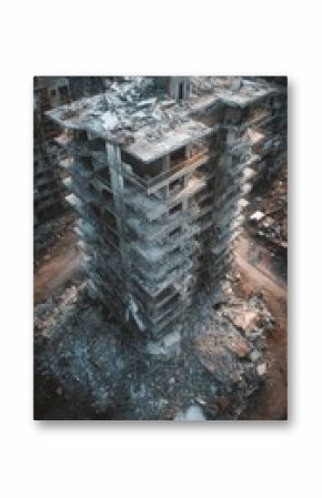 Destruction of a Building Due to Earthquake in an Urban Area With Debris Scattered Around.