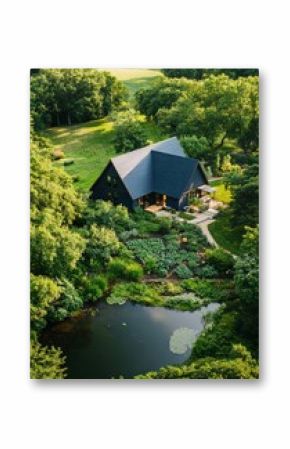 Charming Blue House Surrounded by Lush Greenery and a Tranquil Pond During Golden Hour.