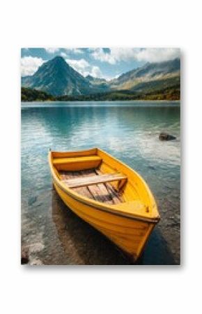 Bright Yellow Boat Rests by Serene Lake With Mountains in the Background During Clear Day