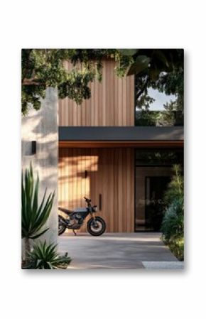 Modern Wooden House Exterior With Motorcycle and Landscaped Garden at Dusk.