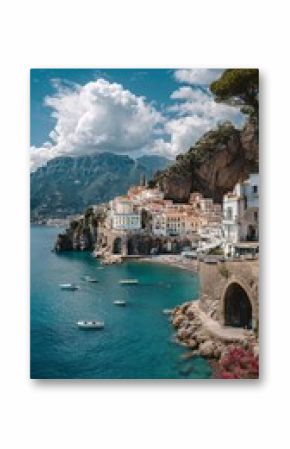 Stunning Coastal View of a Picturesque Town Situated by the Sea Under a Blue Sky With Fluffy Clouds