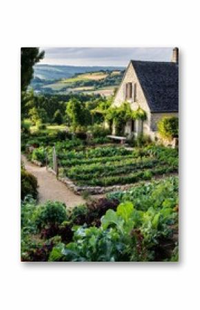 Beautiful Country Garden With Vibrant Vegetables and Scenic Landscape at Golden Hour