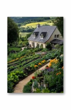 Beautiful Country Garden With Vibrant Vegetables and Scenic Landscape at Golden Hour.
