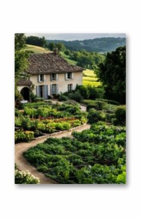 Beautiful Garden Surrounding a Rustic House in the Countryside During Late Afternoon