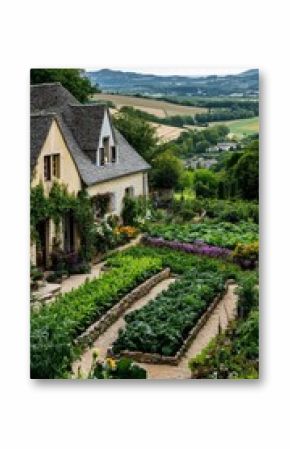 Beautiful Garden Surrounding a Rustic House in the Countryside During Late Afternoon.
