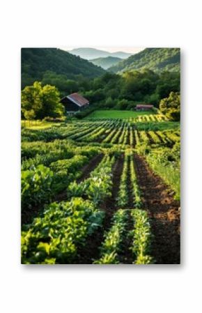 Vibrant Green Fields and Rolling Mountains During Sunset in a Rural Farming Area