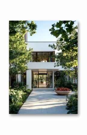 Modern Residence With Lush Landscaping and Garden Path at Golden Hour