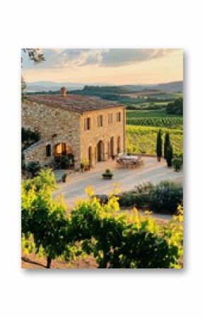 Beautiful Tuscan Vineyard at Sunset With Rustic Stone Farmhouse and Outdoor Dining Area