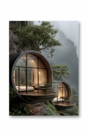 Unique Eco-Friendly Homes Suspended on a Mountainside Surrounded by Lush Greenery in a Misty Morning Light