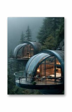Unique Eco-Friendly Homes Suspended on a Mountainside Surrounded by Lush Greenery in a Misty Morning Light.