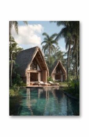 Cozy Hillside Cabins Surrounded by Lush Greenery Near a Tranquil Pond