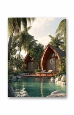Cozy Hillside Cabins Surrounded by Lush Greenery Near a Tranquil Pond.