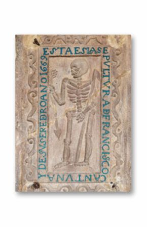 Historical bas-relief of skeleton at San Francisco convent in Quito