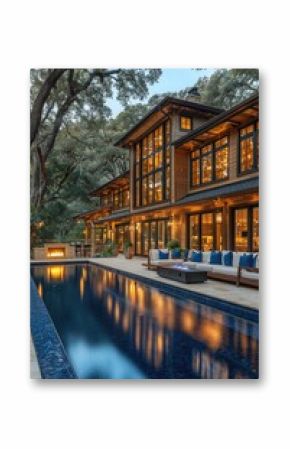 Luxurious modern home exterior with pool and patio area at twilight.