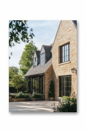 Beautiful modern stone house with large windows and landscaped garden in a serene countryside setting in the afternoon light