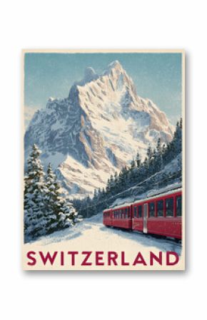 Vintage Poster of the Swiss Alps - Ski Resort and Red Train in Retro Travel Art Style