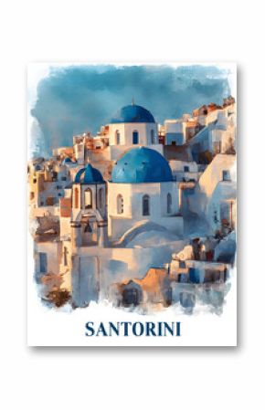 Watercolor Poster of Santorini Greece with Blue Domes and Sunset