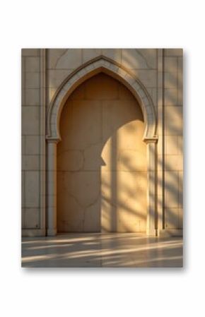 islamic arch casting shadows in golden light on neutral backdrop, subject on the right side, leaving space on the left for text, perfect for islamic banner design.
