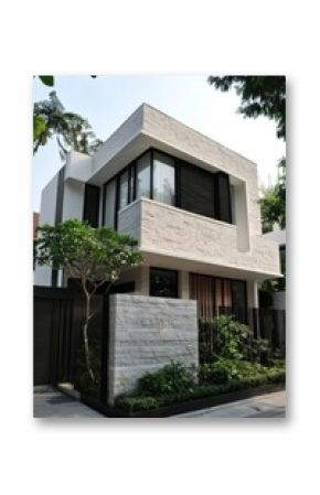 A contemporary minimalist house design featuring expansive windows that invite ample natural light, surrounded by lush greenery, located in a serene residential neighborhood during the day
