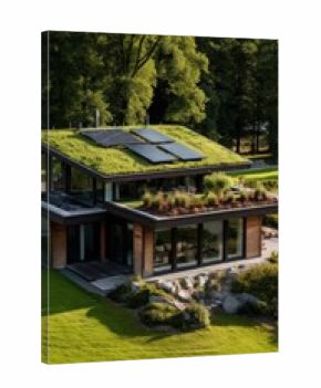 A striking eco-friendly house features solar panels and a lush green roof