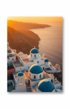 Aerial Drone Vertical View of Santorini at Sunset Whitewashed Buildings Blue Domed Churches Volcanic