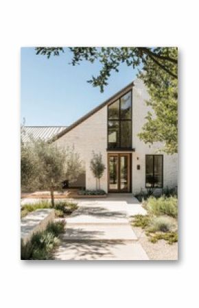 Modern architecture blends seamlessly with nature in a sunlit residential setting surrounded by greenery, featuring a sleek exterior and inviting entrance in an upscale neighborhood