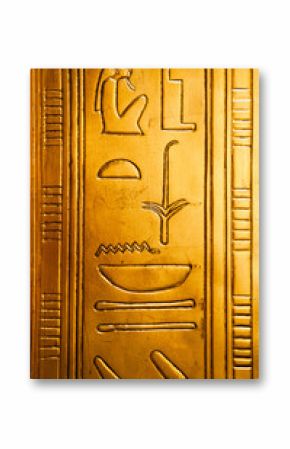 Egyptian hieroglyphics on golden plate from king Tutankhamun tomb
