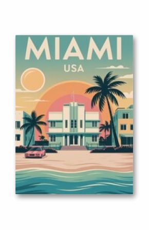 Vintage Travel Poster of Art Deco Beachfront and Skyline, Miami, USA  
