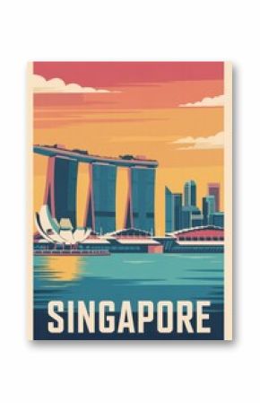 Vintage Travel Poster of Marina Bay Sands and Skyline, Singapore  