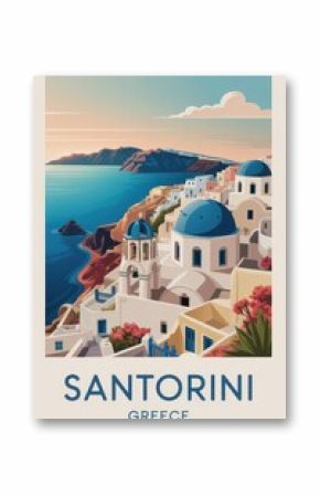 Vintage Travel Poster of Santorini Clifftop Houses and Blue Domes, Greece  
