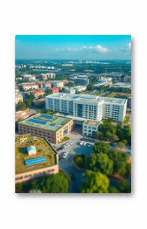 Aerial drone view of a hospital campus showcasing sustainable practices such as green roofs and sola