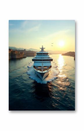 A majestic cruise ship floats serenely near Civitavecchia's historic port, blending modern luxury with Italy's timeless coastal charm.
