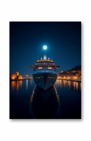A grand cruise ship glows under starlight near Civitavecchia’s historic port, blending modern elegance with Italy’s timeless charm.