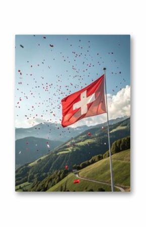 National day celebration August 1, Switzerland  Mountain Flag with Confetti