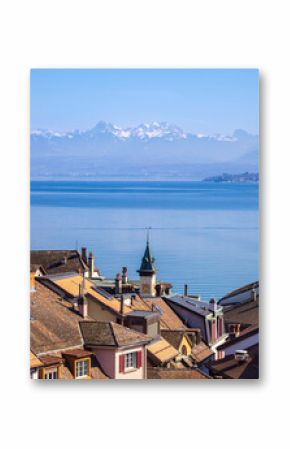 Town Rooftops of Nyon in Switzerland with Lake Geneva  and Mountain View