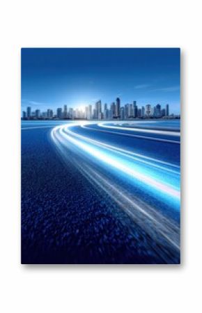Modern city skyline with futuristic light trails on an open highway at sunset, vibrant urban landscape with skyscrapers and dynamic motion