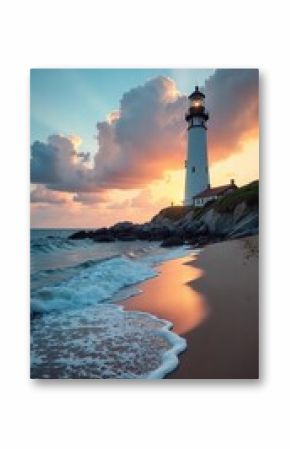 Majestic Lighthouse on Pristine Sandy Beach, Dramatic Coastal Scene, Serene Ocean Waves, Peaceful Vacation Ambiance