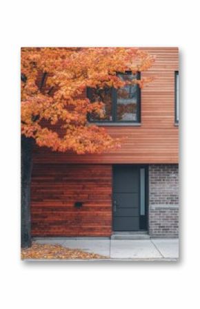 The contemporary architecture of the building features charming wooden accents, beautifully complemented by the vibrant autumn foliage surrounding it, set against a bustling city backdrop