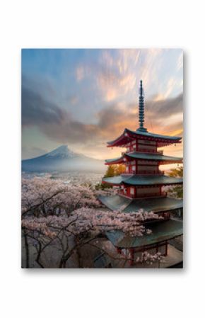 Fujiyoshida, Japan Beautiful view of mountain Fuji and Chureito pagoda at sunset, japan in the spring with cherry blossoms