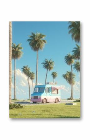 Pastel ice cream truck parked on a sunny road lined with palm trees, under a clear blue sky